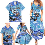 Cronulla Sutherland Sharks Family Matching Summer Maxi Dress and Hawaiian Shirt Aboriginal Dot Pattern - Rugby Mascot Heritage Pride
