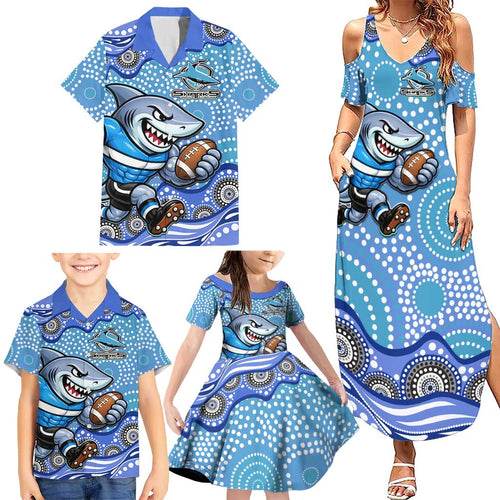Cronulla Sutherland Sharks Family Matching Summer Maxi Dress and Hawaiian Shirt Aboriginal Dot Pattern - Rugby Mascot Heritage Pride
