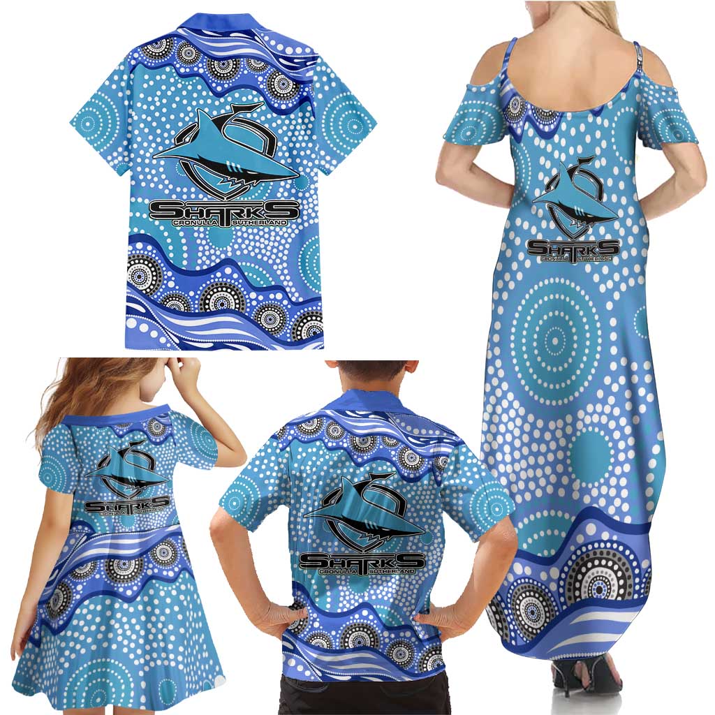 Cronulla Sutherland Sharks Family Matching Summer Maxi Dress and Hawaiian Shirt Aboriginal Dot Pattern - Rugby Mascot Heritage Pride