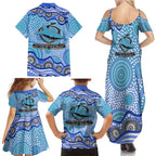 Cronulla Sutherland Sharks Family Matching Summer Maxi Dress and Hawaiian Shirt Aboriginal Dot Pattern - Rugby Mascot Heritage Pride