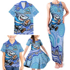 Cronulla Sutherland Sharks Family Matching Tank Maxi Dress and Hawaiian Shirt Aboriginal Dot Pattern - Rugby Mascot Heritage Pride