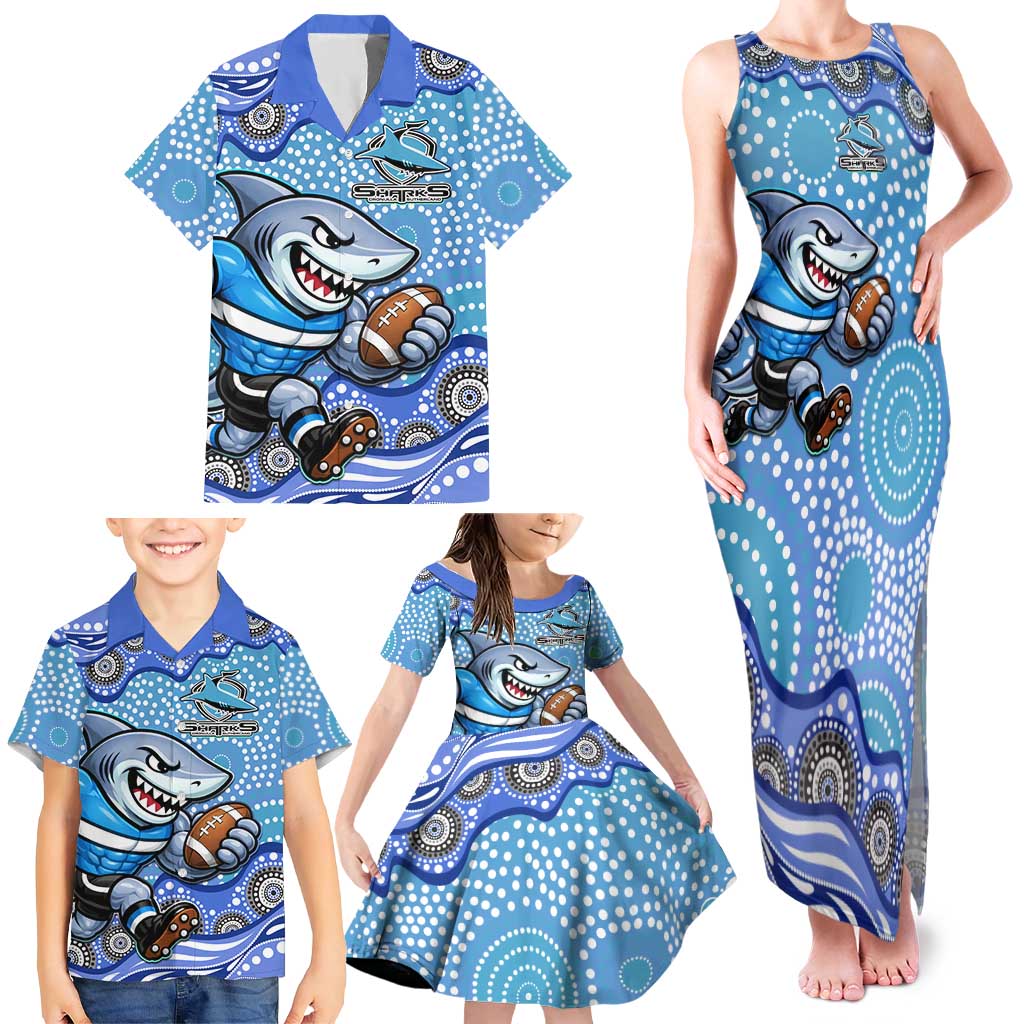 Cronulla Sutherland Sharks Family Matching Tank Maxi Dress and Hawaiian Shirt Aboriginal Dot Pattern - Rugby Mascot Heritage Pride