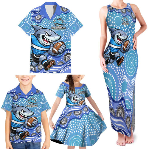 Cronulla Sutherland Sharks Family Matching Tank Maxi Dress and Hawaiian Shirt Aboriginal Dot Pattern - Rugby Mascot Heritage Pride