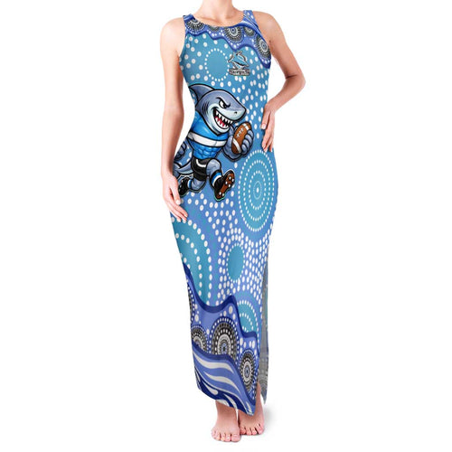 Cronulla Sutherland Sharks Family Matching Tank Maxi Dress and Hawaiian Shirt Aboriginal Dot Pattern - Rugby Mascot Heritage Pride