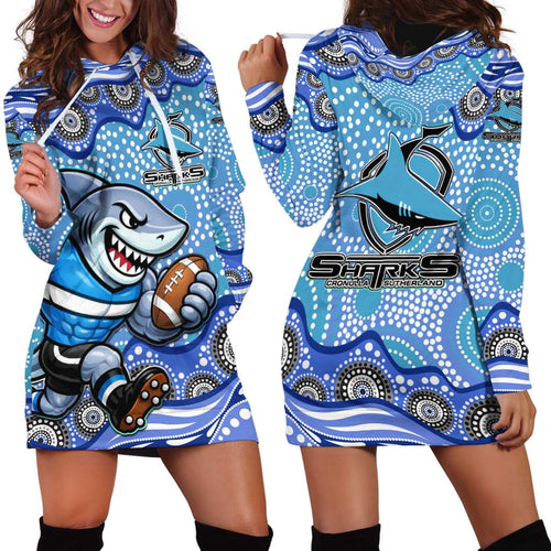 Cronulla Sutherland Sharks Hoodie Dress Aboriginal Dot Pattern - Rugby Mascot Heritage Pride