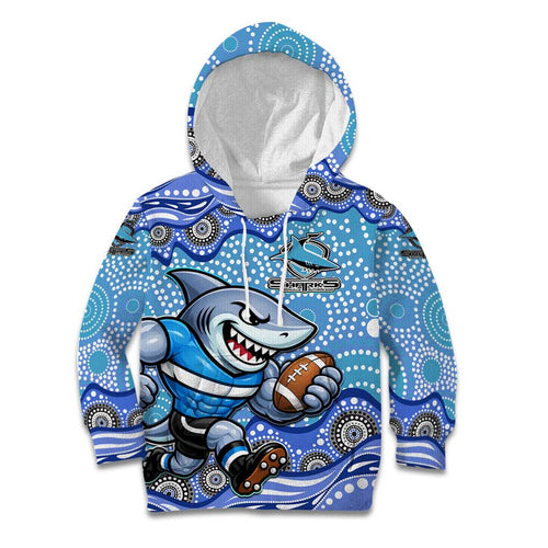 Cronulla Sutherland Sharks Kid Hoodie Aboriginal Dot Pattern - Rugby Mascot Heritage Pride