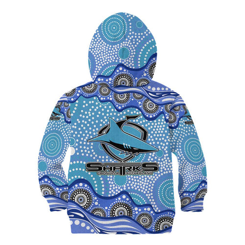 Cronulla Sutherland Sharks Kid Hoodie Aboriginal Dot Pattern - Rugby Mascot Heritage Pride