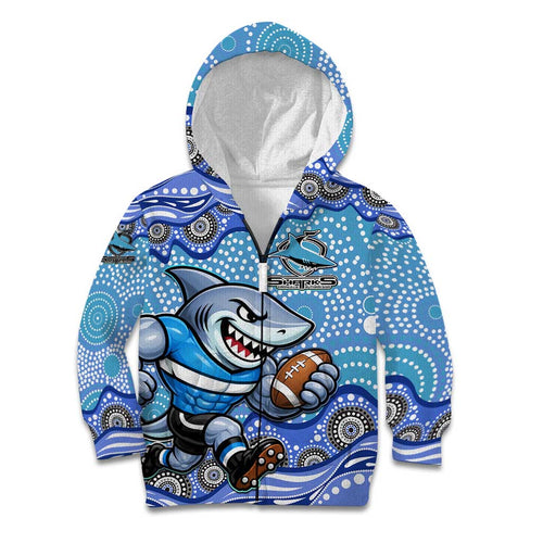 Cronulla Sutherland Sharks Kid Hoodie Aboriginal Dot Pattern - Rugby Mascot Heritage Pride