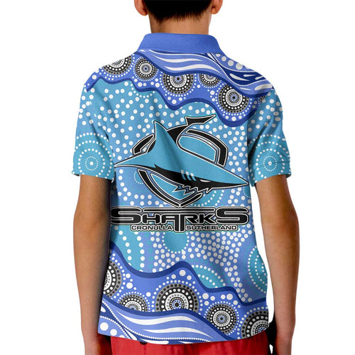 Cronulla Sutherland Sharks Kid Polo Shirt Aboriginal Dot Pattern - Rugby Mascot Heritage Pride
