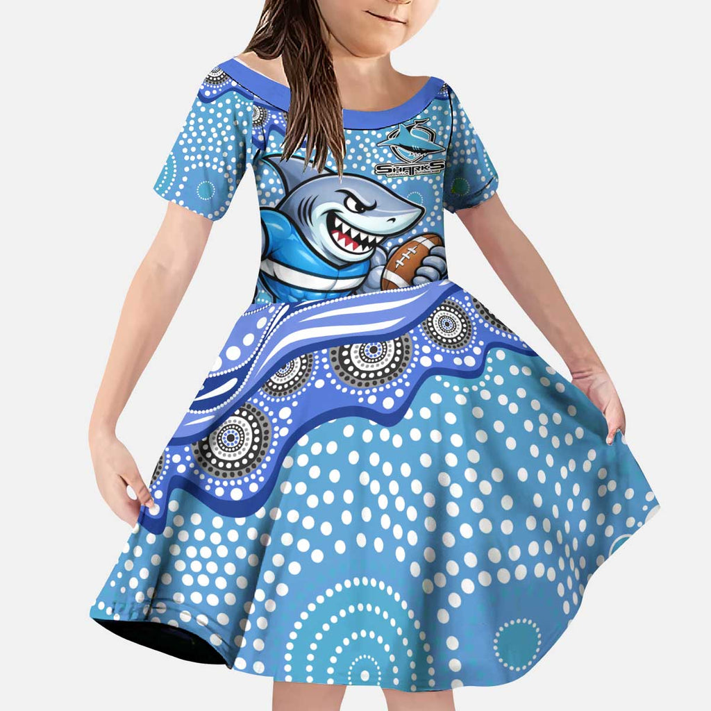 Cronulla Sutherland Sharks Kid Short Sleeve Dress Aboriginal Dot Pattern - Rugby Mascot Heritage Pride