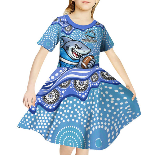 Cronulla Sutherland Sharks Kid Short Sleeve Dress Aboriginal Dot Pattern - Rugby Mascot Heritage Pride