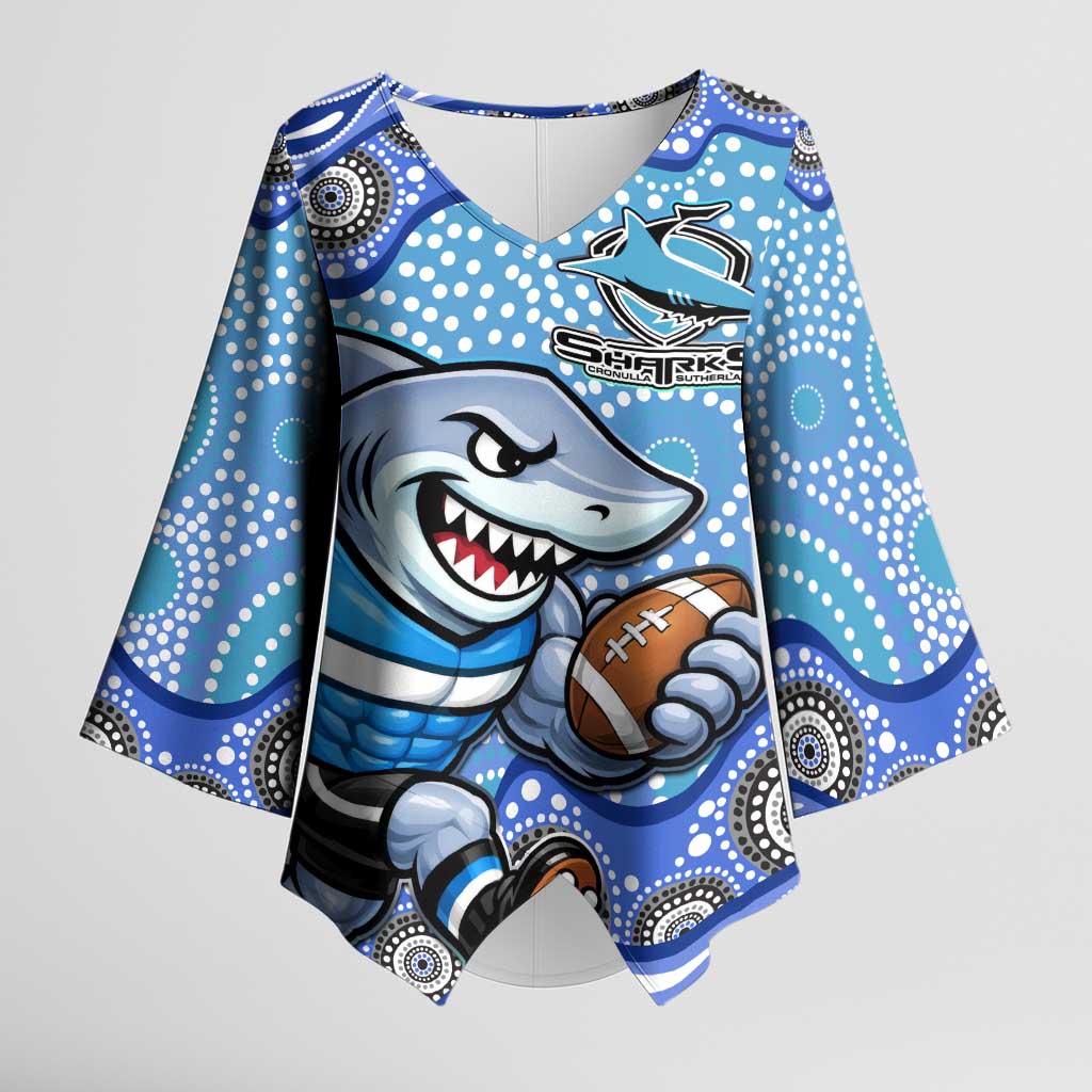 Cronulla Sutherland Sharks Kimono Sleeve Blouse Aboriginal Dot Pattern - Rugby Mascot Heritage Pride