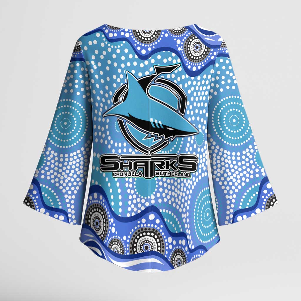 Cronulla Sutherland Sharks Kimono Sleeve Blouse Aboriginal Dot Pattern - Rugby Mascot Heritage Pride