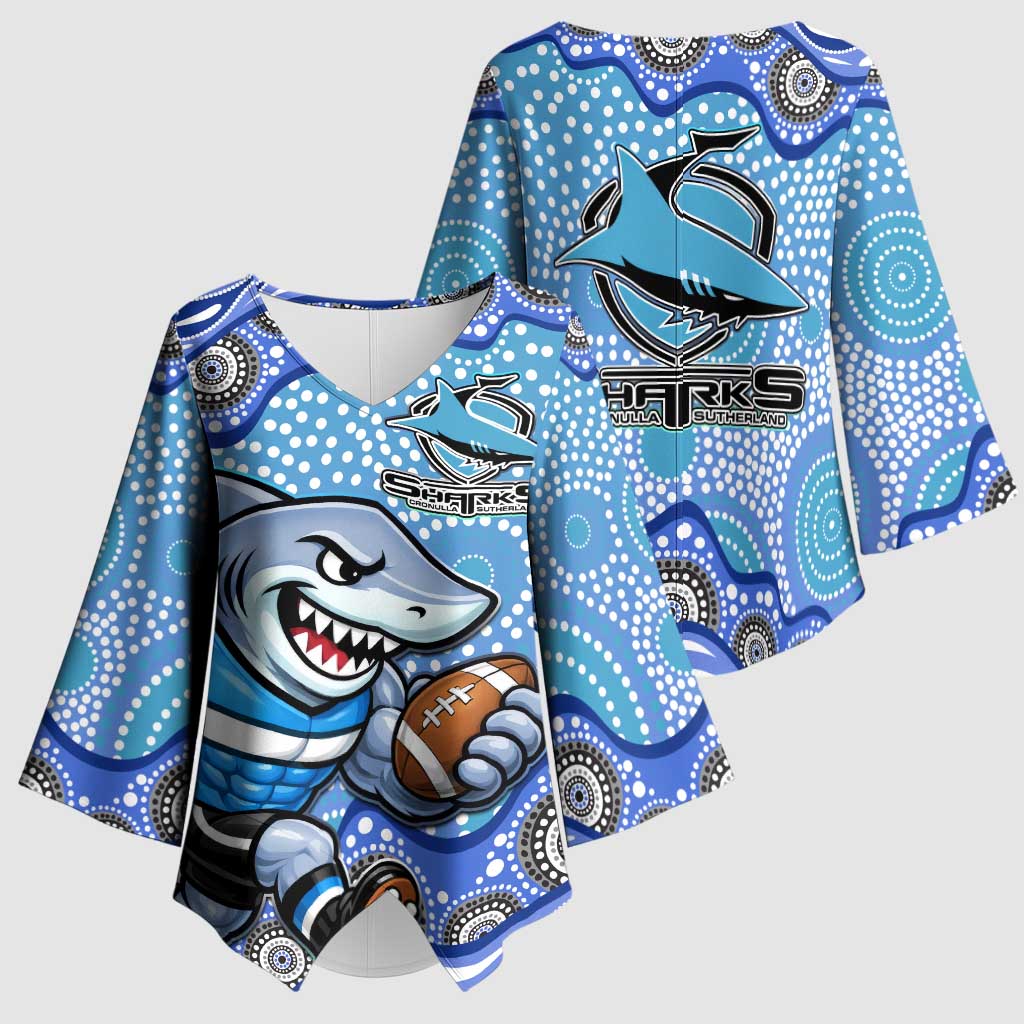Cronulla Sutherland Sharks Kimono Sleeve Blouse Aboriginal Dot Pattern - Rugby Mascot Heritage Pride