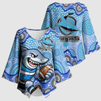 Cronulla Sutherland Sharks Kimono Sleeve Blouse Aboriginal Dot Pattern - Rugby Mascot Heritage Pride