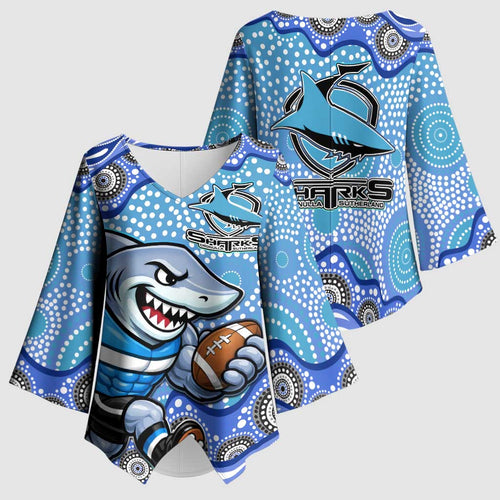 Cronulla Sutherland Sharks Kimono Sleeve Blouse Aboriginal Dot Pattern - Rugby Mascot Heritage Pride