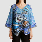 Cronulla Sutherland Sharks Kimono Sleeve Blouse Aboriginal Dot Pattern - Rugby Mascot Heritage Pride