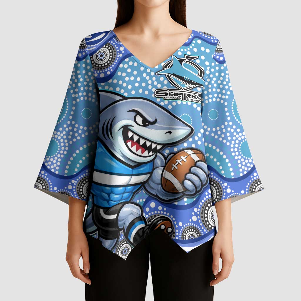 Cronulla Sutherland Sharks Kimono Sleeve Blouse Aboriginal Dot Pattern - Rugby Mascot Heritage Pride
