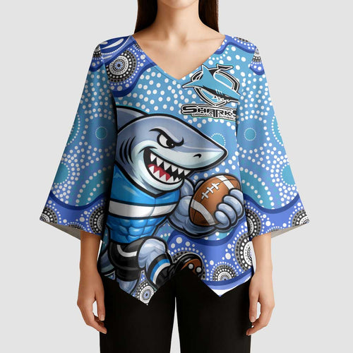 Cronulla Sutherland Sharks Kimono Sleeve Blouse Aboriginal Dot Pattern - Rugby Mascot Heritage Pride
