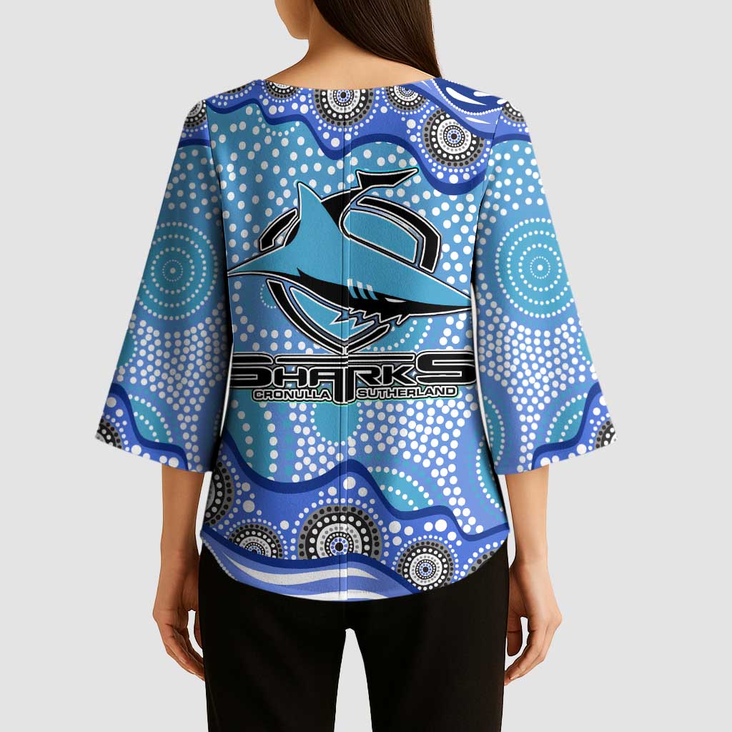 Cronulla Sutherland Sharks Kimono Sleeve Blouse Aboriginal Dot Pattern - Rugby Mascot Heritage Pride