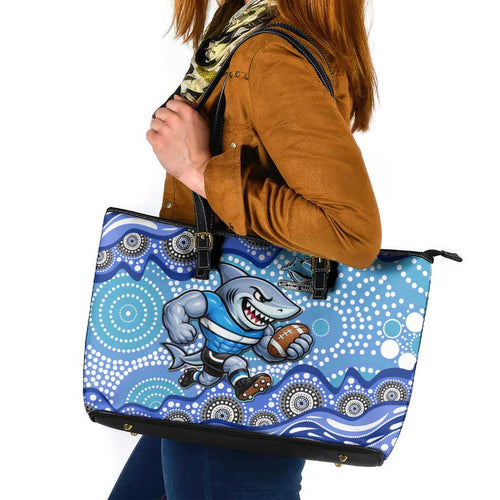 Cronulla Sutherland Sharks Leather Tote Bag Aboriginal Dot Pattern - Rugby Mascot Heritage Pride