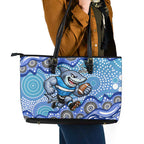Cronulla Sutherland Sharks Leather Tote Bag Aboriginal Dot Pattern - Rugby Mascot Heritage Pride