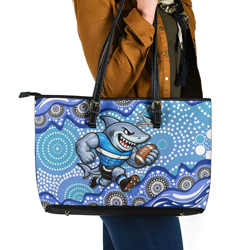 Cronulla Sutherland Sharks Leather Tote Bag Aboriginal Dot Pattern - Rugby Mascot Heritage Pride