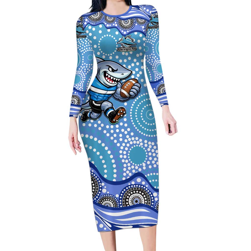 Cronulla Sutherland Sharks Long Sleeve Bodycon Dress Aboriginal Dot Pattern - Rugby Mascot Heritage Pride