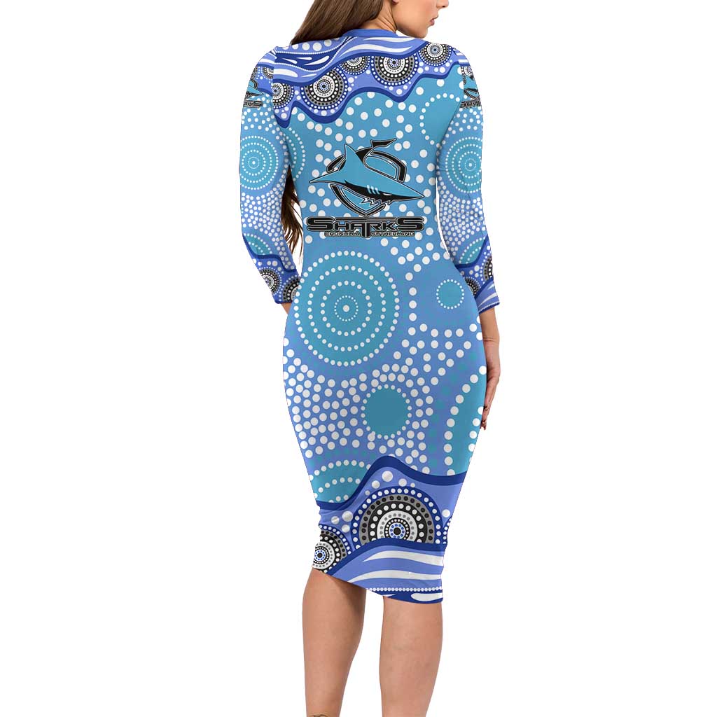 Cronulla Sutherland Sharks Long Sleeve Bodycon Dress Aboriginal Dot Pattern - Rugby Mascot Heritage Pride