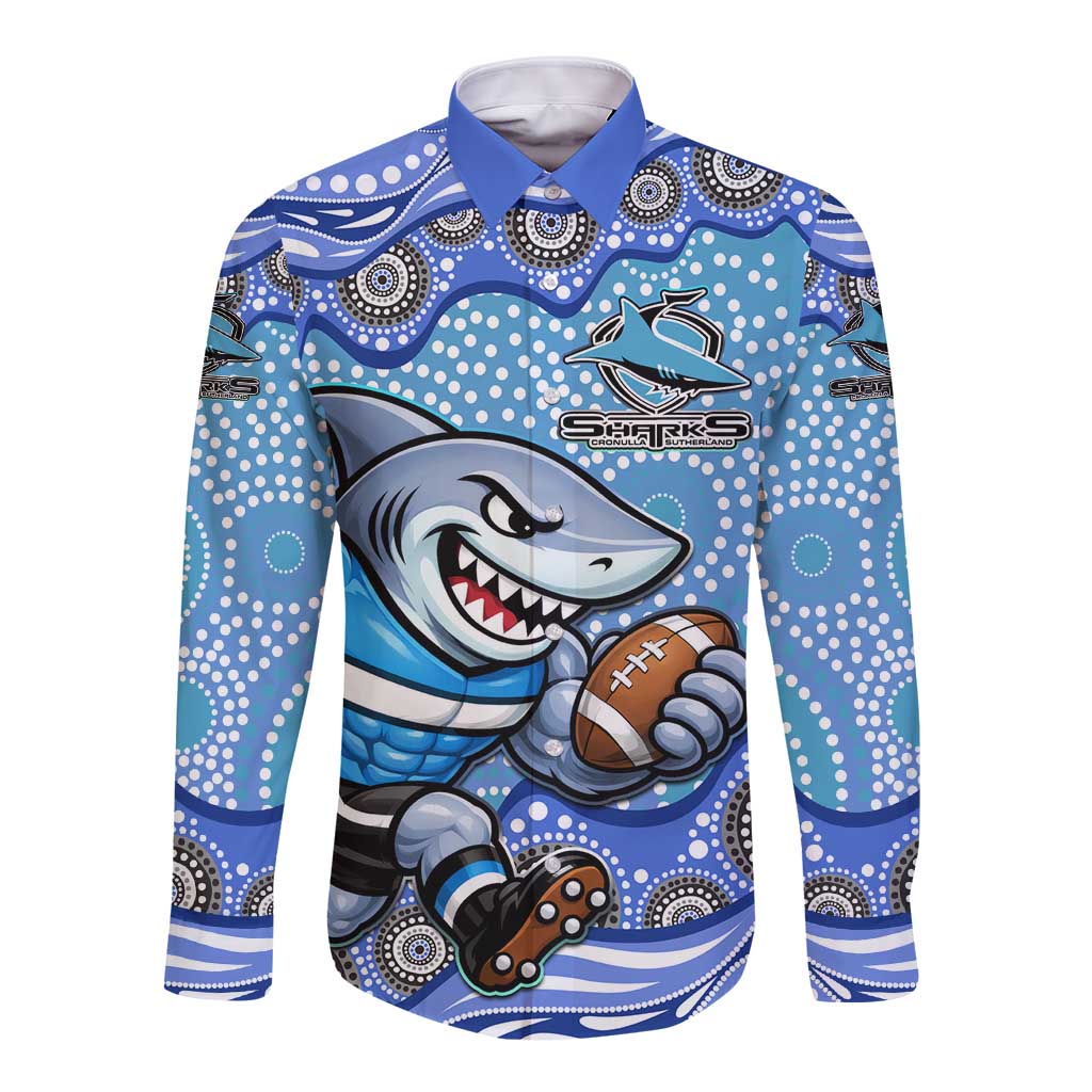 Cronulla Sutherland Sharks Long Sleeve Button Shirt Aboriginal Dot Pattern - Rugby Mascot Heritage Pride