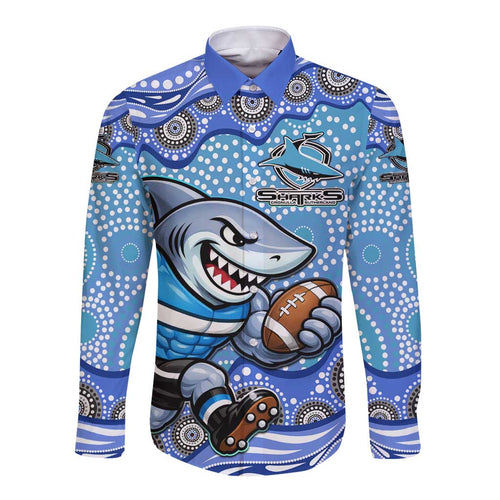 Cronulla Sutherland Sharks Long Sleeve Button Shirt Aboriginal Dot Pattern - Rugby Mascot Heritage Pride