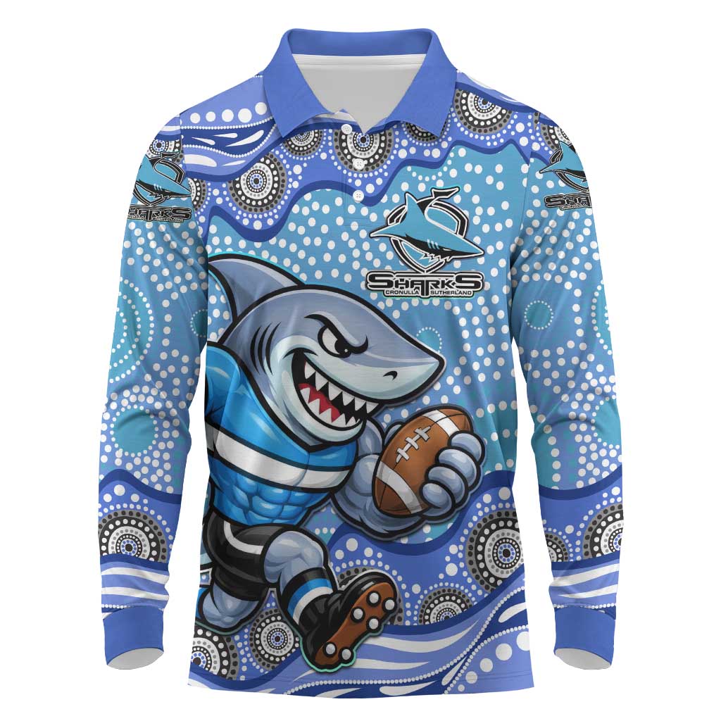 Cronulla Sutherland Sharks Long Sleeve Polo Shirt Aboriginal Dot Pattern - Rugby Mascot Heritage Pride