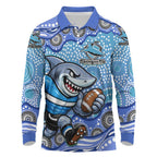 Cronulla Sutherland Sharks Long Sleeve Polo Shirt Aboriginal Dot Pattern - Rugby Mascot Heritage Pride