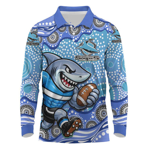 Cronulla Sutherland Sharks Long Sleeve Polo Shirt Aboriginal Dot Pattern - Rugby Mascot Heritage Pride
