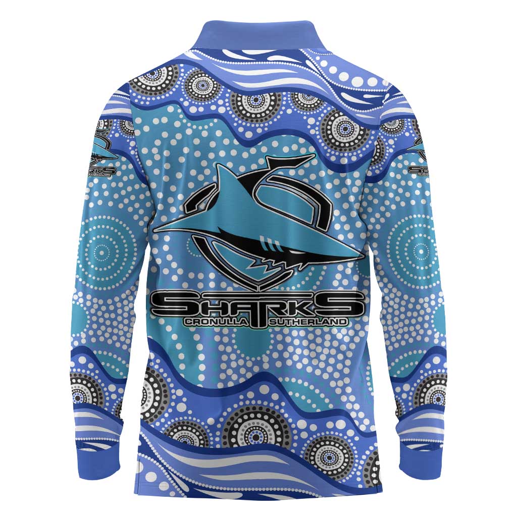Cronulla Sutherland Sharks Long Sleeve Polo Shirt Aboriginal Dot Pattern - Rugby Mascot Heritage Pride