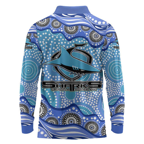 Cronulla Sutherland Sharks Long Sleeve Polo Shirt Aboriginal Dot Pattern - Rugby Mascot Heritage Pride