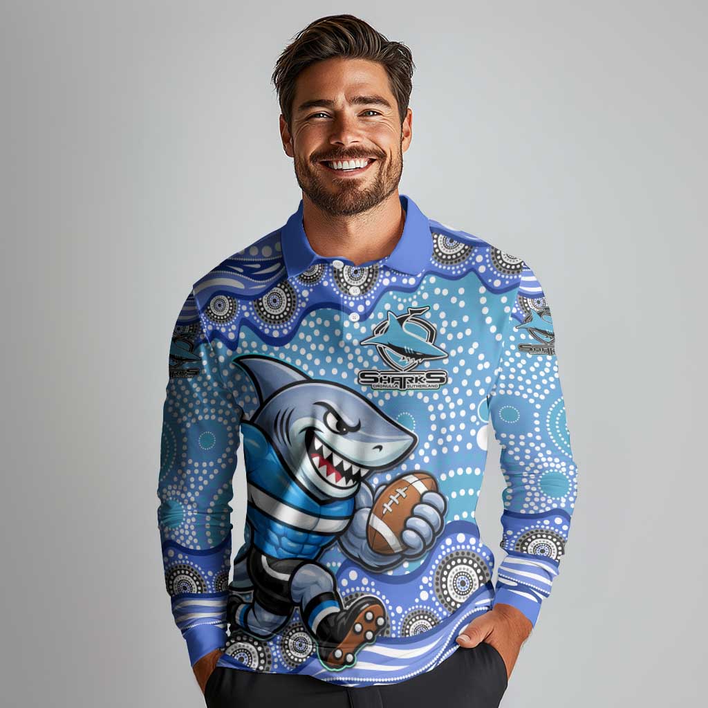 Cronulla Sutherland Sharks Long Sleeve Polo Shirt Aboriginal Dot Pattern - Rugby Mascot Heritage Pride