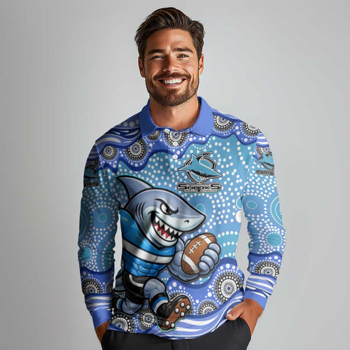 Cronulla Sutherland Sharks Long Sleeve Polo Shirt Aboriginal Dot Pattern - Rugby Mascot Heritage Pride