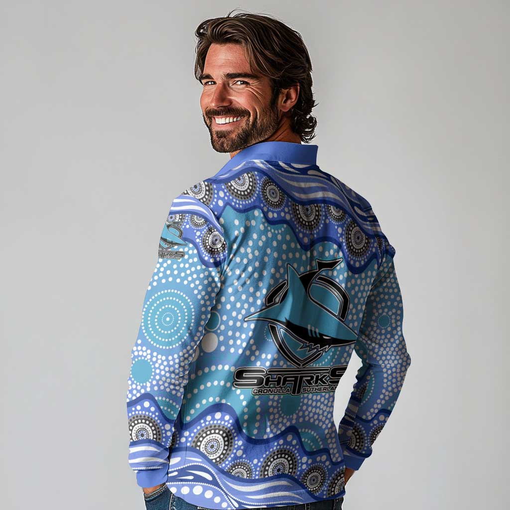 Cronulla Sutherland Sharks Long Sleeve Polo Shirt Aboriginal Dot Pattern - Rugby Mascot Heritage Pride