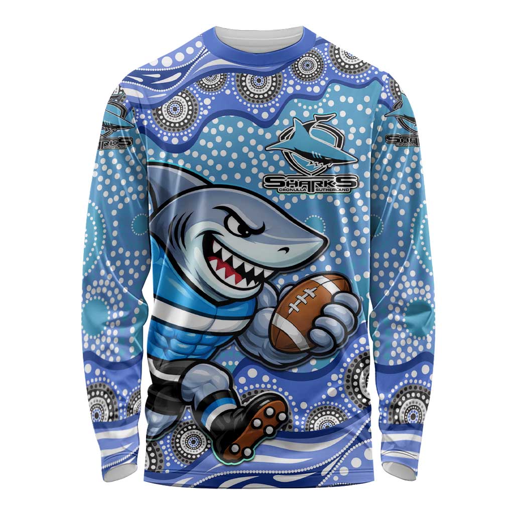 Cronulla Sutherland Sharks Long Sleeve Shirt Aboriginal Dot Pattern - Rugby Mascot Heritage Pride