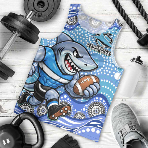Cronulla Sutherland Sharks Men Tank Top Aboriginal Dot Pattern - Rugby Mascot Heritage Pride