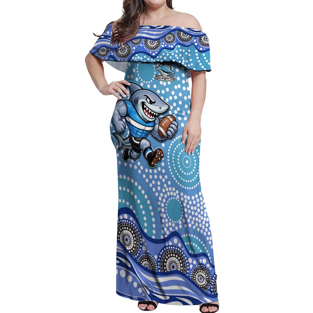 Cronulla Sutherland Sharks Off Shoulder Maxi Dress Aboriginal Dot Pattern - Rugby Mascot Heritage Pride