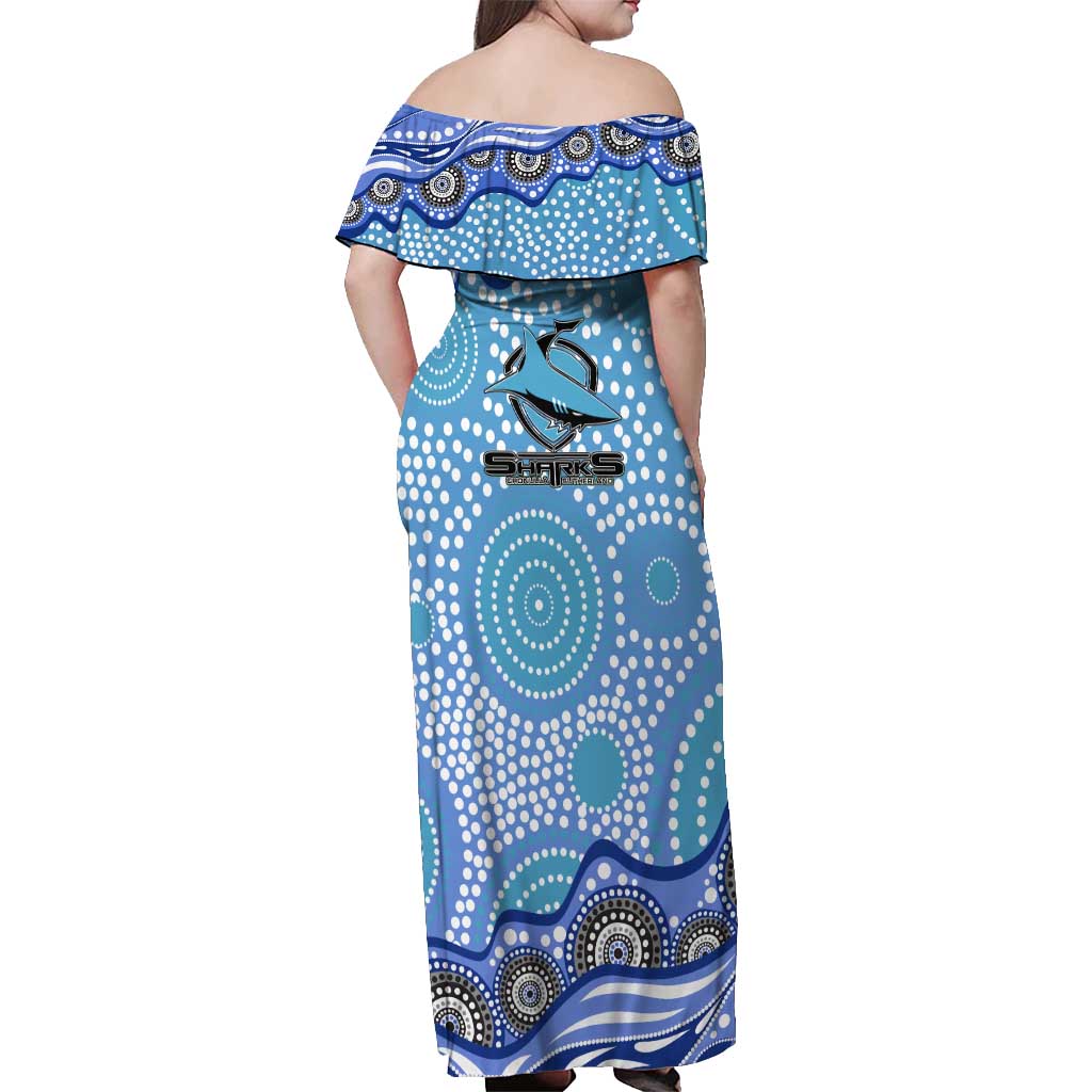 Cronulla Sutherland Sharks Off Shoulder Maxi Dress Aboriginal Dot Pattern - Rugby Mascot Heritage Pride