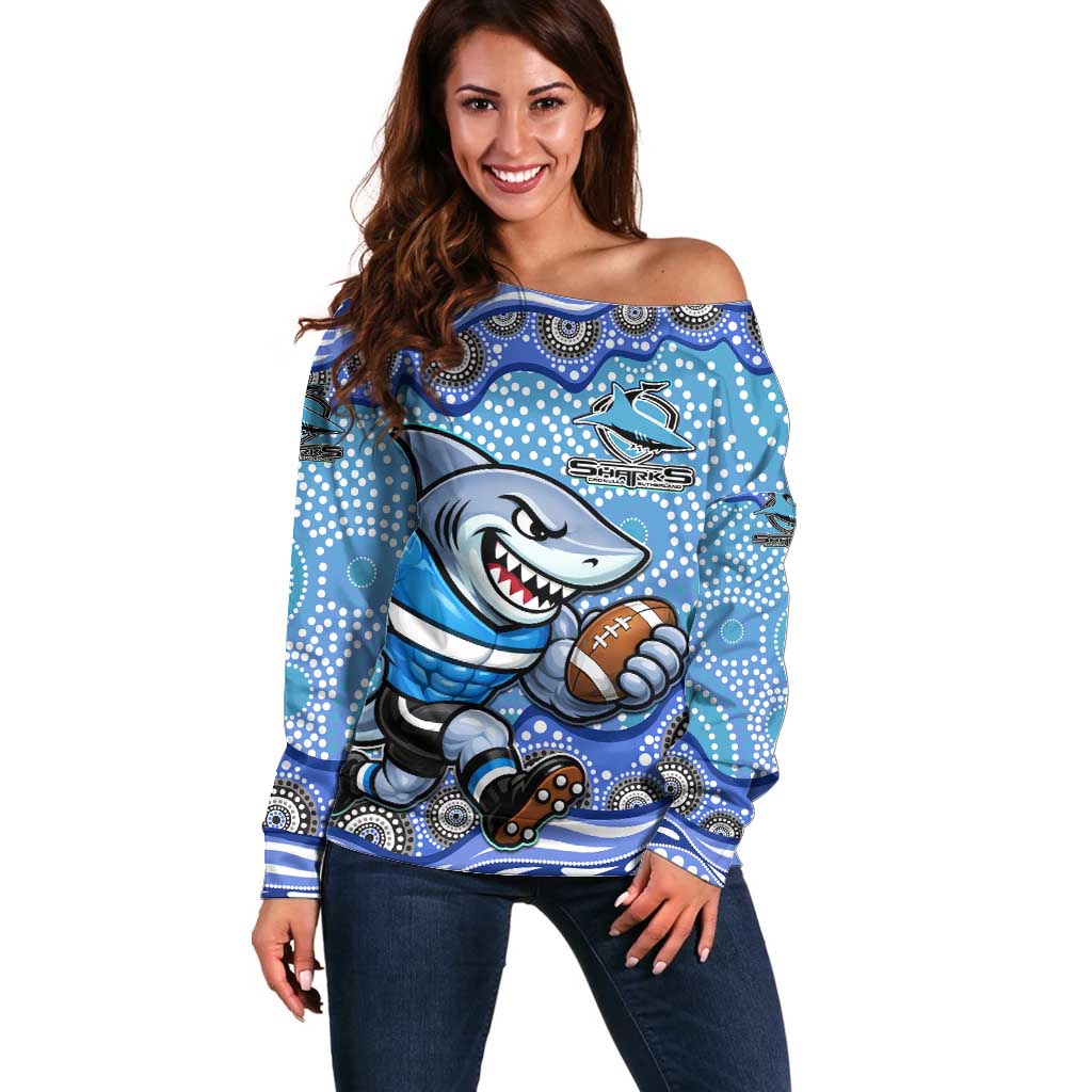 Cronulla Sutherland Sharks Off Shoulder Sweater Aboriginal Dot Pattern - Rugby Mascot Heritage Pride