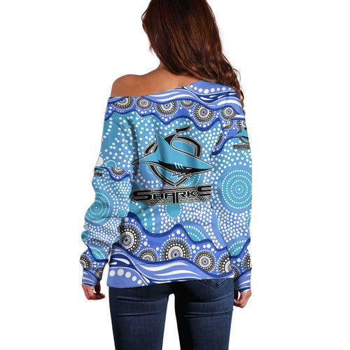 Cronulla Sutherland Sharks Off Shoulder Sweater Aboriginal Dot Pattern - Rugby Mascot Heritage Pride