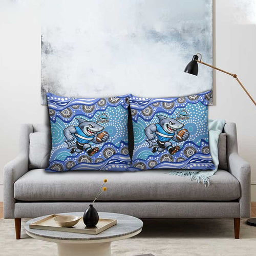 Cronulla Sutherland Sharks Pillow Cover Aboriginal Dot Pattern - Rugby Mascot Heritage Pride