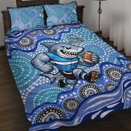 Cronulla Sutherland Sharks Quilt Bed Set Aboriginal Dot Pattern - Rugby Mascot Heritage Pride