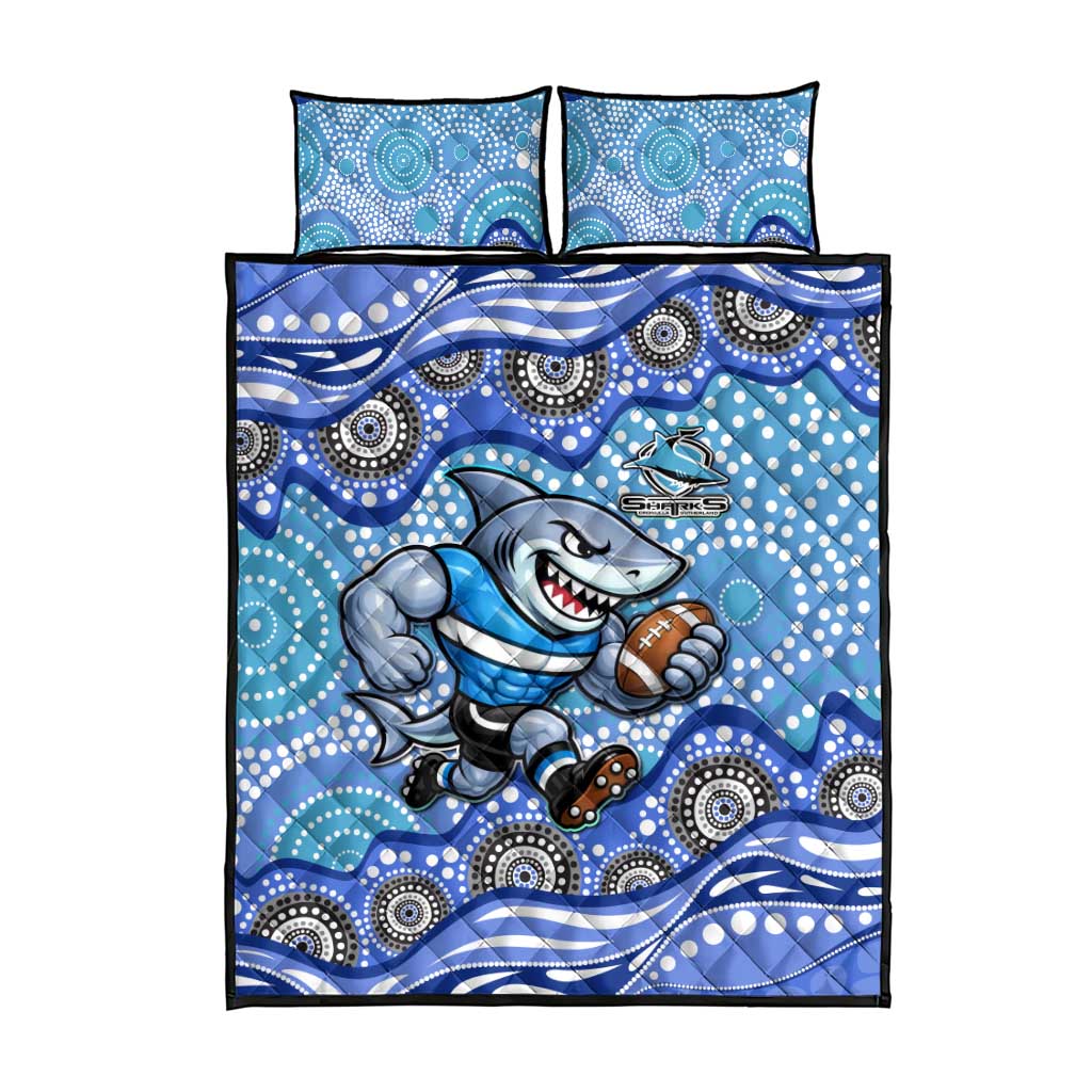 Cronulla Sutherland Sharks Quilt Bed Set Aboriginal Dot Pattern - Rugby Mascot Heritage Pride