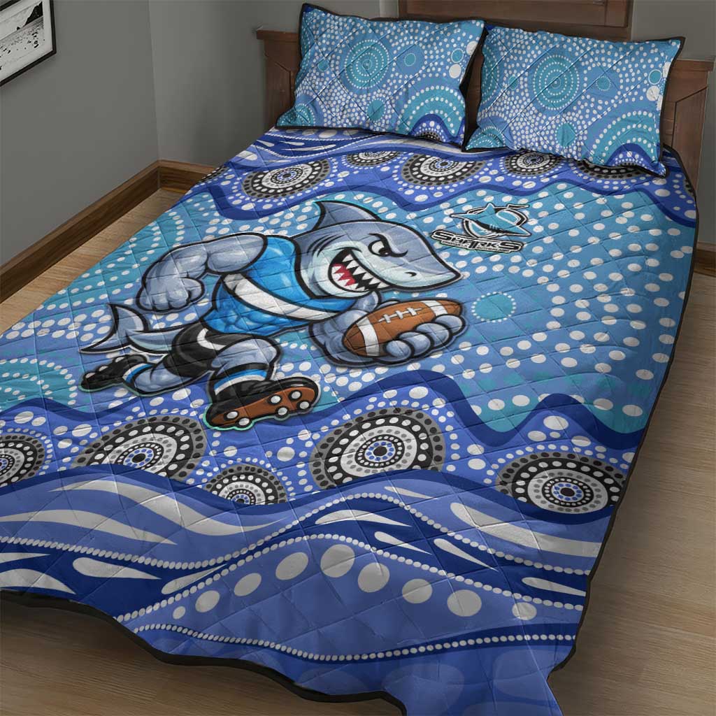 Cronulla Sutherland Sharks Quilt Bed Set Aboriginal Dot Pattern - Rugby Mascot Heritage Pride