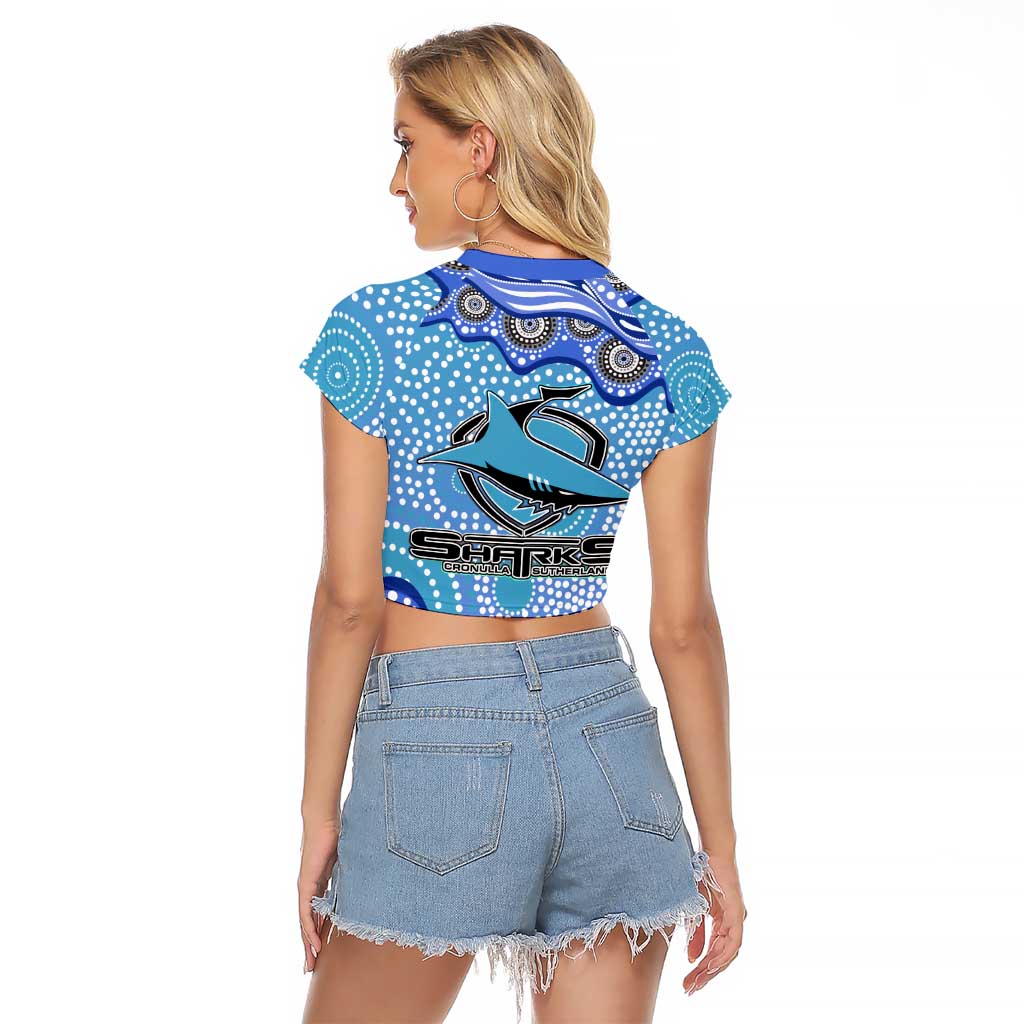 Cronulla Sutherland Sharks Raglan Cropped T Shirt Aboriginal Dot Pattern - Rugby Mascot Heritage Pride